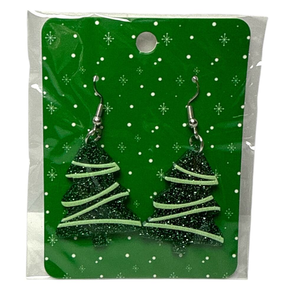 Green Glitter Christmas Tree Dangle Earrings | Festive Holiday Jewelry NEW
